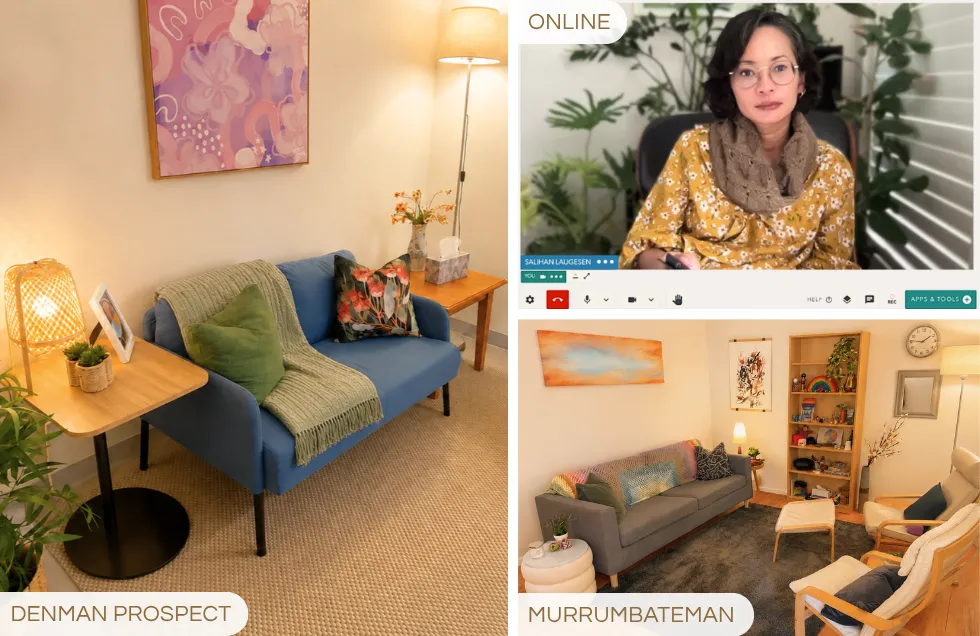 Counselling rooms at Riverstone Counselling in Denman Prospect Canberra ACT and Murrumbateman NSW, plus online sessions with Salihan Laugesen via Coviu