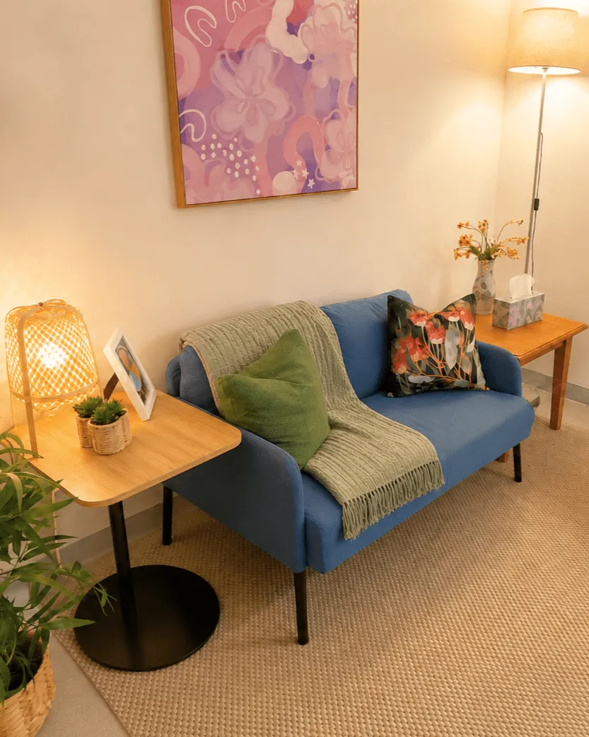 Warm, welcoming counselling room at Riverstone Counselling in Denman Prospect, Canberra ACT — women's mental health and neurodivergent-affirming therapy with Salihan Laugesen