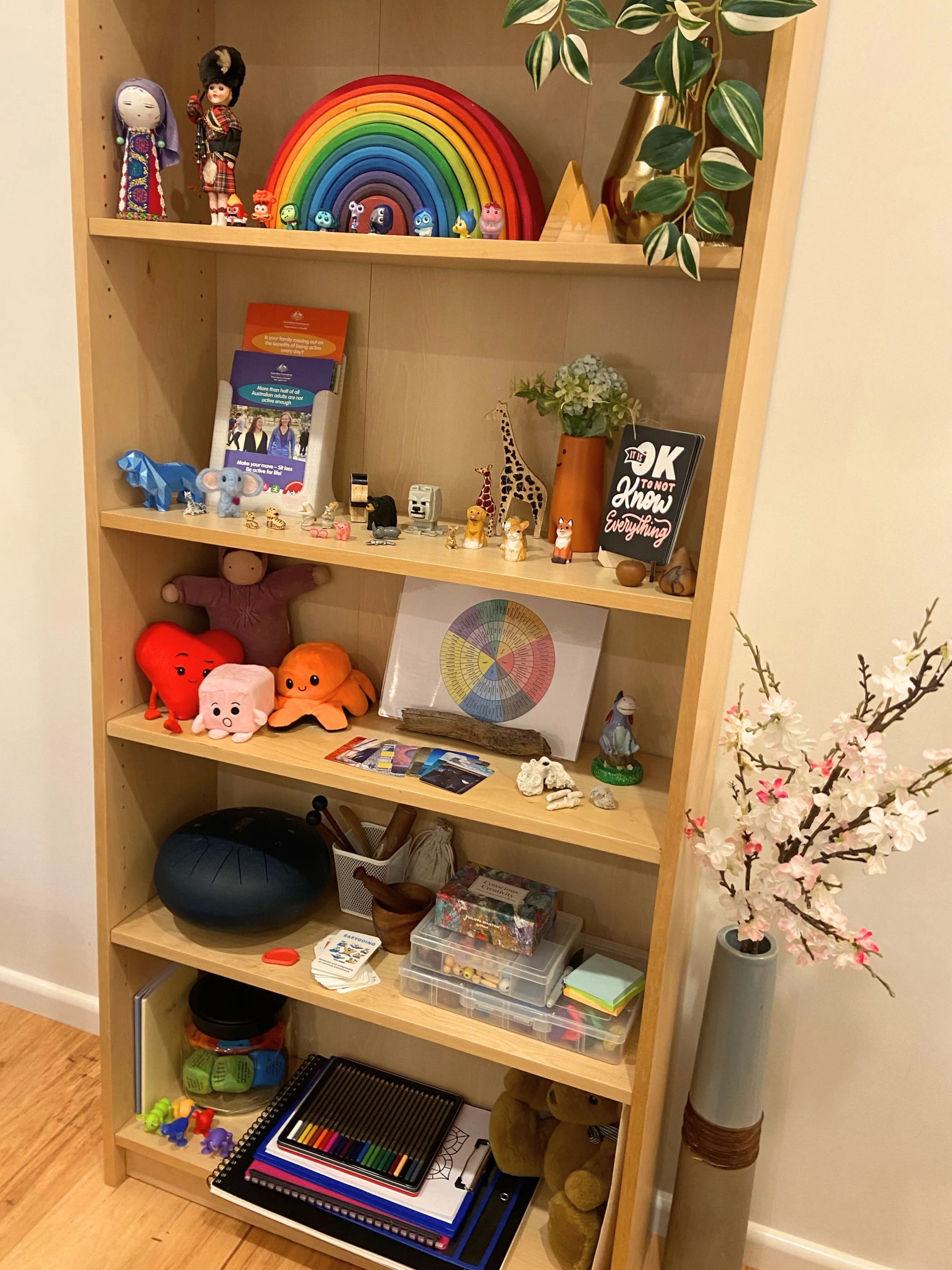 Bookshelf of creative therapy tools in the Murrumbateman counselling room at Riverstone Counselling — figurines, emotion wheels, soft toys, colouring materials, fidgets, and tactile resources for neurodivergent-affirming and women's mental health counselling with Salihan Laugesen