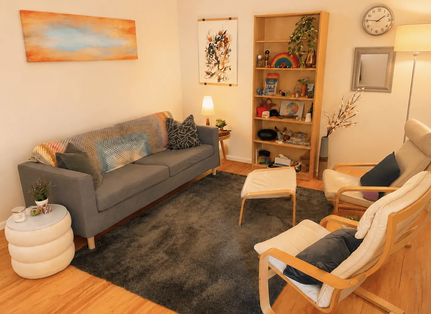 Calm, neuro-affirming counselling room at Riverstone Counselling in Murrumbateman NSW — Salihan Laugesen, ACA Registered Counsellor